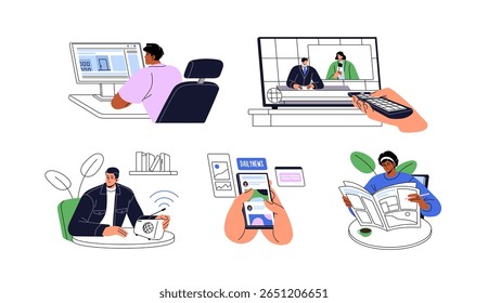 Set of breaking news. People are listening broadcasts, reading newspapers, watching TV. Men and women are browsing internet portal, newsletters. Flat isolated vector illustrations on white background