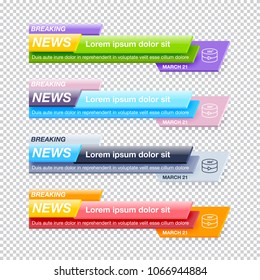 Set of Breaking News Title Templates on Transparent Background for TV Channel Screen or Video Blog. Realistic Vector Illustration for Media Project