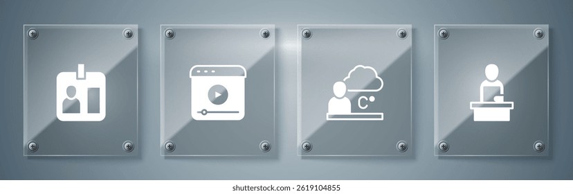 Set Breaking news, Weather forecast, Live stream and Journalist id card. Square glass panels. Vector