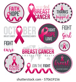 Set of breast cancer awareness badges with pink ribbons. Breast cancer month. October is a month of breast cancer awareness in the world. Pink ribbon. Vector illustration