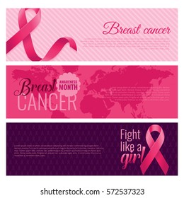 Set of breast cancer awareness banners with pink ribbons. Breast cancer month. October is a month of breast cancer awareness in the world. Pink ribbon. Vector illustration