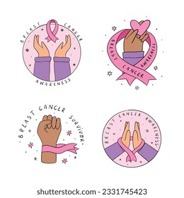 set of Breast cancer awareness doodles, cartoon icons, emblems, stickers, signs, prints, cards, etc. EPS 10