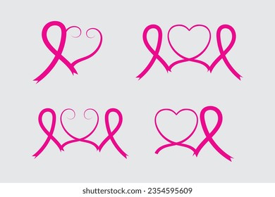 
set of Breast Cancer Awareness Heart Ribbon with Butterfly vector symbol, Fight cancer ribbon logo and heart shape clipart, Hot Pink Color Stop cancer Campaign Svg, Cancer Awareness Month design art