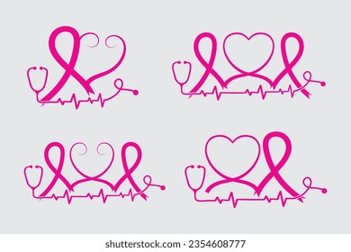 
set of Breast Cancer Awareness Heart Ribbon with Butterfly Registered Nurse Stethoscope vector, Emergency Nurse medical decoration Cancer Awareness Ribbon clipart, strong woman Cancer Stethoscope 