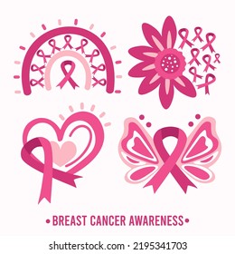 Set of Breast Cancer Awareness Illustration.Pink october month female healthcare campaign solidarity.