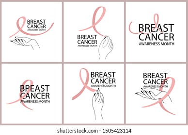 Set of Breast Cancer Awareness labels. Breast Cancer Awareness Month symbol with ribbon and female hand. Editable vector illustration.