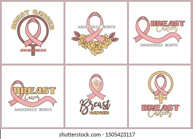 Set of Breast Cancer Awareness labels. Breast Cancer Awareness Month symbol with ribbon and flowers. Editable vector illustration.