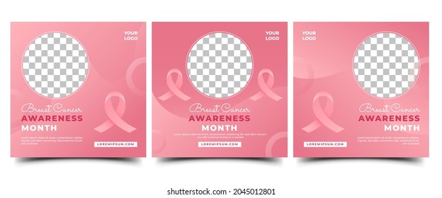 Set of Breast cancer awareness month social media post template. Modern gradient pink background with ribbon and place for the photo. Usable for social media, banner, card, and website.