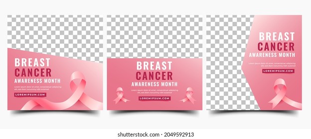 Set of Breast cancer awareness month social media post template. Modern gradient pink background with ribbon and place for the photo. Usable for social media, banner, card, and website.