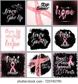 Set of Breast cancer awareness month in October cards design with different symbols in pink. Set of square banners, flyers, placards and posters with calligraphy and pink ribbon. Vector.