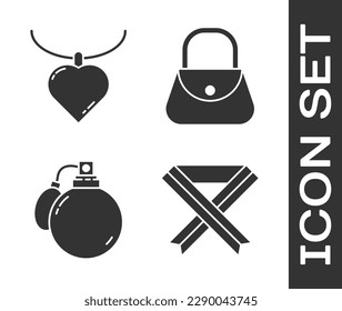 Set Breast cancer awareness ribbon, Necklace with heart shaped pendant, Perfume and Handbag icon. Vector