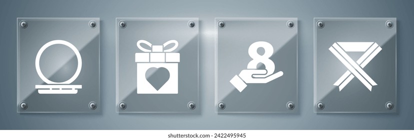Set Breast cancer awareness ribbon, 8 March on hand, Gift box and heart and Makeup powder with mirror. Square glass panels. Vector