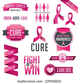 Set of Breast Cancer Awareness ribbons and badges. Vector EPS 10.