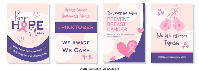 Set of Breast Cancer awareness template. Pink Ribbon with heart shape. Pink october month female healthcare campaign solidarity web template design. Pinktober flat vector cartoon illustration