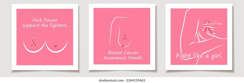 Set of breast cancer day cards with Set  Line art breast. Pink ribbon month of breast cancer, international breast cancer day worldwide.