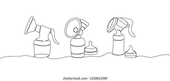 Set of breast pump with pacifier one line art. Continuous line drawing of milk, feeding, baby, newborn, child, baby food, breast milk, natural feeding.