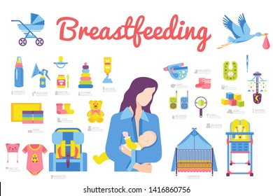 Set of breastfeeding and childhood objects flat icons isolated on white. Childcare pictograms collection. Baby-minding vector elements for infographic, web. Mother nurse her baby.