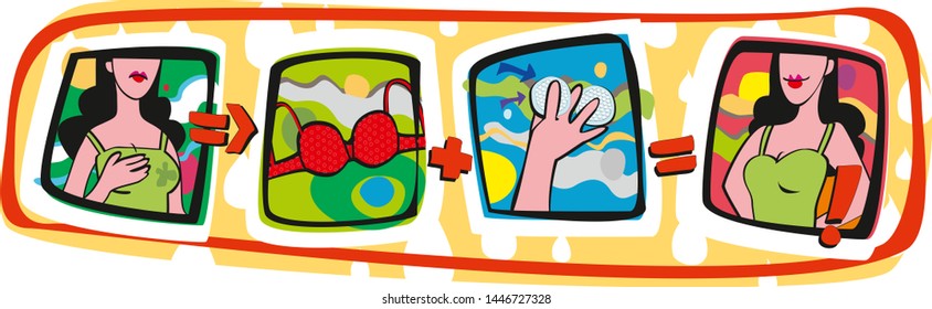 A set of breastfeeding difficulties related vector pictures. The flow of milk and the use of linings on the chest.