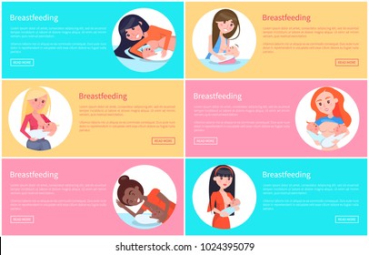 Set of breastfeeding posters, vector illustrations isolated on colorful backdrops, cheerful lactating mothers with little babies, text and circles