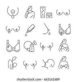 Set of breastfeeding Related Vector Line Icons. Includes such Icons as boobs, milk, bra, breast, nipple, baby, baby food, newborn baby, bottle