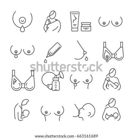 Set of breastfeeding Related Vector Line Icons. Includes such Icons as boobs, milk, bra, breast, nipple, baby, baby food, newborn baby, bottle