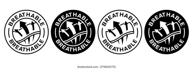 Set breathable icon, logo, label, badge, symbol, sign, circle, sticker, symbol, emblem, stamp, banner, black, flat vector, isolated illustration.