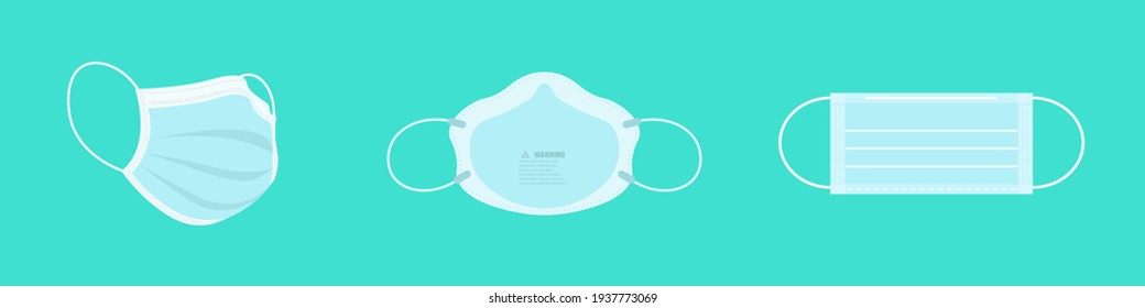 Set of breathing protective medical, surgical masks, dust protection respirator, disease, virus prevention, flu protection, vector illustration.