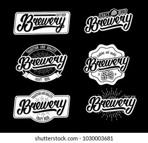 Set of Brewery hand written lettering logo.  Black background. Vintage style. Vector illustration.