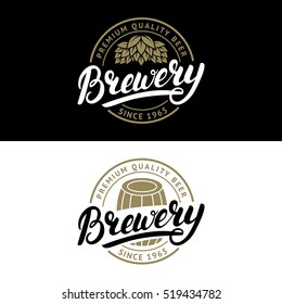 Set of Brewery hand written lettering logo, label, badge template with hop and wooden barrel for beer house, bar, pub, brewing company, tavern. Vintage style. Vector illustration.