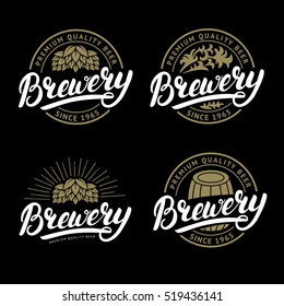 Set of Brewery hand written lettering logo, label, badge template with hop for beer house, bar, pub, brewing company, tavern, wine whiskey market. Black background. Vintage style. Vector illustration.