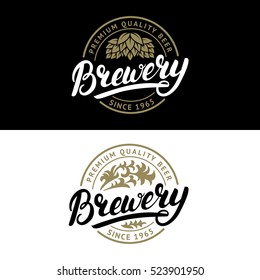 Set of Brewery hand written lettering logo, label, badge template with hop and wooden barrel for beer house, bar, pub, brewing company, tavern. Vintage style. Vector illustration.