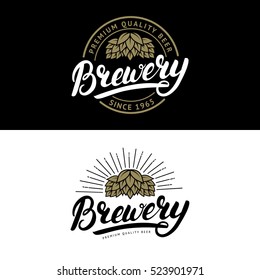 Set of Brewery hand written lettering logo, label, badge template with hop and wooden barrel for beer house, bar, pub, brewing company, tavern. Vintage style. Vector illustration.