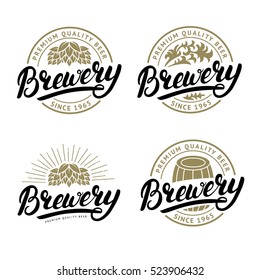 Set of Brewery hand written lettering logo, label, badge template with hop for beer house, bar, pub, brewing company, tavern. White background. Vintage style. Vector illustration.