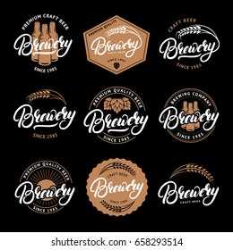 Set of Brewery hand written lettering logo, label, badge, emblem for beer house, bar, brewing company. Hand written lettering. Vintage retro style. Vector illustration.