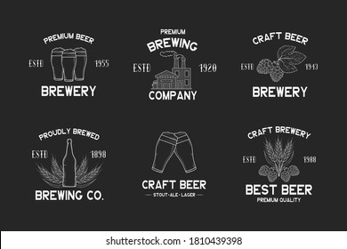 Set of brewery labels and signs. Emblems and badges for pub, bar, restaurant menu with hop, malt, barley, beer factory, bottle and glasses with foam. Vector illustration with vintage brand design.