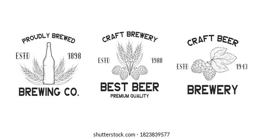Set of brewery labels and signs. Emblems and badges for pub, bar, restaurant menu with hop, malt, barley and beer bottle. Vector illustration with vintage brand design.