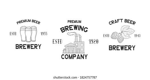 Set of brewery labels and signs. Emblems and badges for pub, bar, restaurant menu with hop, beer factory and glasses with foam. Vector illustration with vintage brand design.