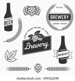 Set of brewery logos, labels and design element. Stock vector. Vintage craft beer emblems, templates, symbols.