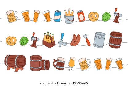 Conjunto de cervejaria uma linha colorida desenho contínuo. Barris de madeira, latas, copos, canecas, barril de metal, abridor de garrafas, salsichas, torneira, cone de salto.