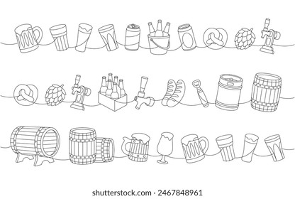 Set of brewery one line continuous drawing. Wooden barrels, cans, glasses, mugs, metal keg, bottle opener, sausages, tap, hop cone.