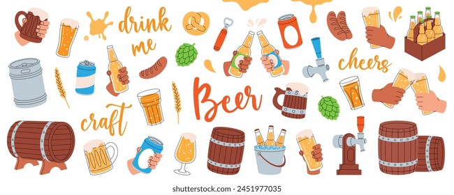 Set of brewery. Wooden barrels, cans, glasses, mugs, metal keg, bottle opener, sausages, tap, hop cone. Brewery factory production.