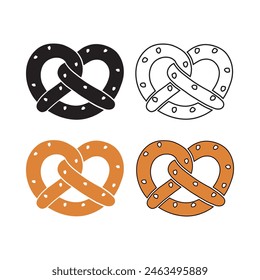 A set of brezel icons. Silhouette, outline, color icon. A bakery product in the shape of a pretzel, popular in Southern Germany, Austria and German Switzerland. Vector illustration isolated on a white