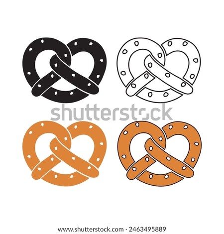 A set of brezel icons. Silhouette, outline, color icon. A bakery product in the shape of a pretzel, popular in Southern Germany, Austria and German Switzerland. Vector illustration isolated on a white