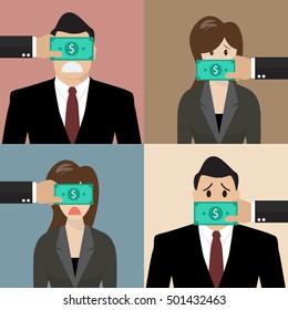 Set of bribery concept. Business people with dollar banknote taped to eyes and mouths