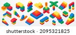 Set of brick block building toys 3d isometric vector illustration for children. Colorful bricks toy isolated on background. Part and piece for decorative design and creative game.