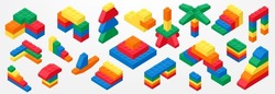 Set Of Brick Block Building Toys 3d Isometric Vector Illustration For Children. Colorful Bricks Toy Isolated On Background. Part And Piece For Decorative Design And Creative Game.
