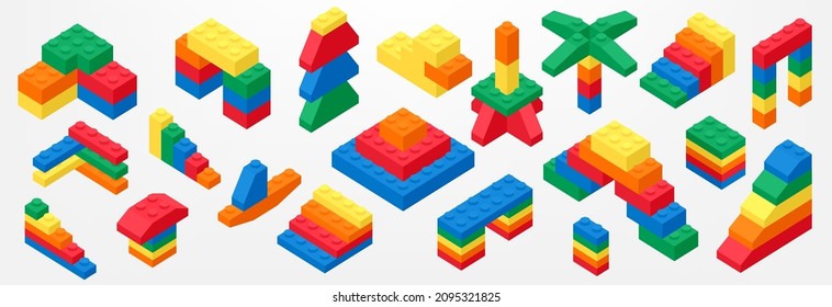Juego de ladrillos bloques juguetes 3d vector para niños. Juguete de ladrillos coloridos aislado en el fondo. Parte y pieza para el diseño decorativo y creativo.