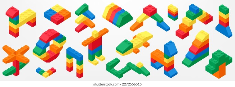 Set of brick block toys 3d vector for children. Colorful bricks toy isolated on background. Part and piece for decorative design and creative like Lego.