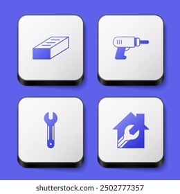 Conjunto de ladrillo, máquina de taladro eléctrico, llave inglesa y casa con icono de llave. Botón cuadrado blanco. Vector