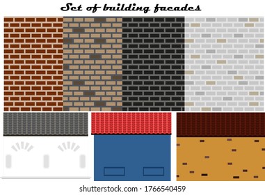 A set of brick facades of buildings with classic elements and a tiled roof. Flat vector images of the texture of the exterior cladding of urban buildings. Blanks for creating a brick background or